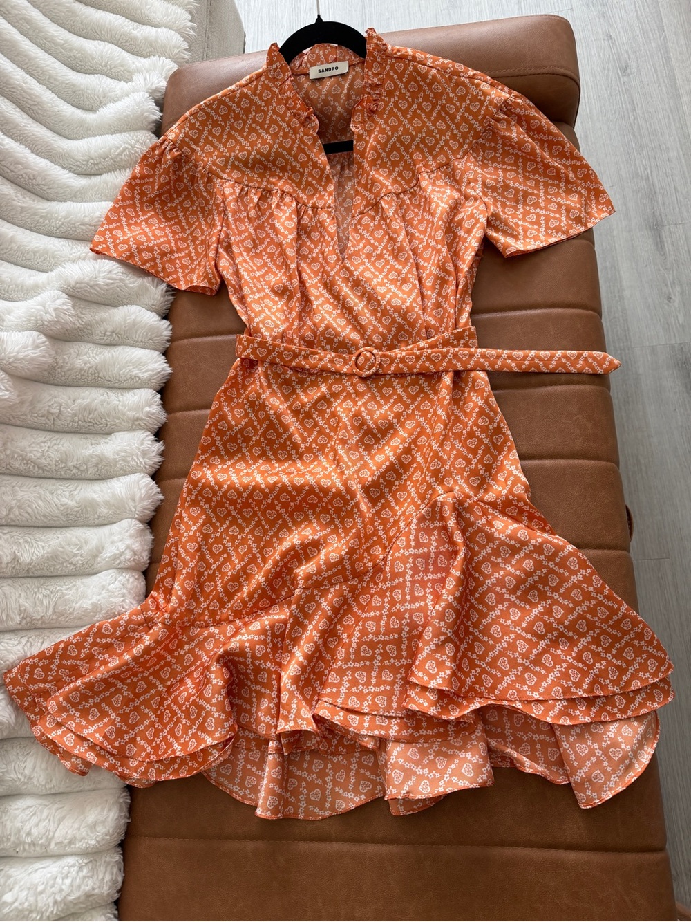Sandro Orange Printed Belted Mini Dress